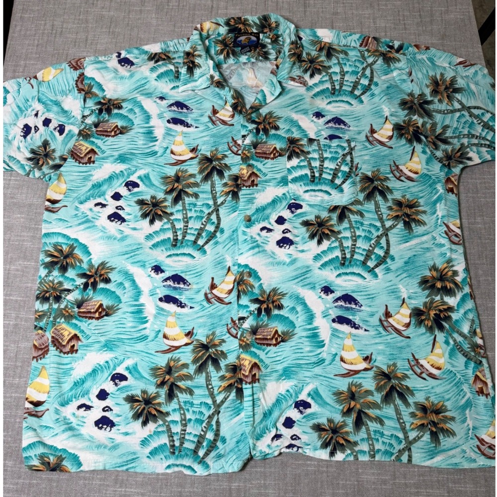 Falcon Bay Mens 1X Tropical Island Palm Tree Sailboat Rayon Aloha Camp Shirt